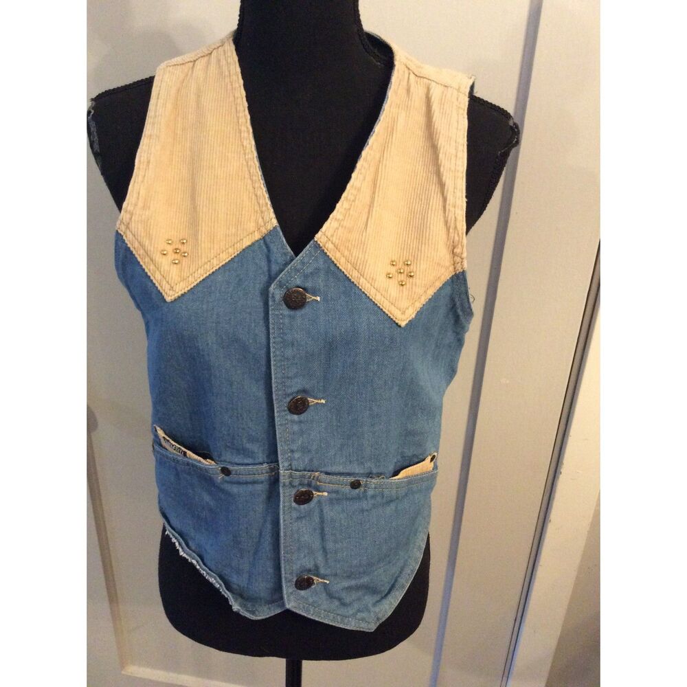 Vintage 1970 Western Denim Corduroy Vest Bling American Graffiti Small